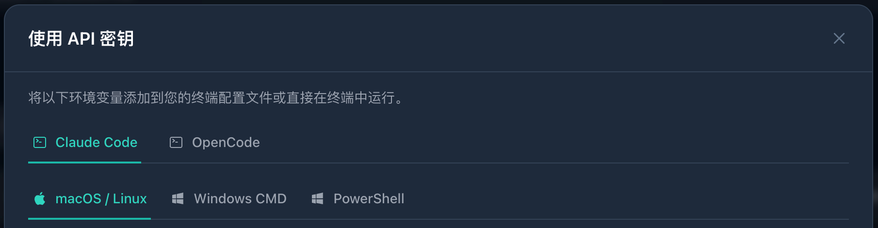 使用密钥弹窗中的 Claude Code 配置入口